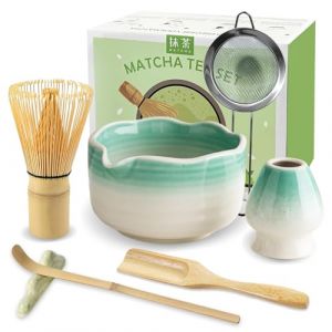 JBER Matcha Kit 7 Pi&egrave;ces - Fouet en Bambou pour Matcha, Bol &agrave; Matcha &agrave; Buse, Support pour Fouet, Tamis &agrave; Matcha, Cuiller et Support, Kit de Th&eacute; Japonais pour Amoureux du Matcha - Bleu Turquoise (Yicai Acoustic, neuf)