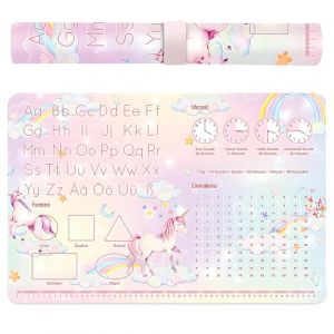 SGZIOO Sous Main Bureau Enfant Fille, Sous-Mains &agrave; Th&egrave;me Licorne, 60x40 cm, Sous Main Enfant avec ABC, Heure, Table de Multiplication, Formes, Protege Bureau Enfant pour la Rentr&eacute;e des Classes, Bureau (jun an shang mao, neuf)