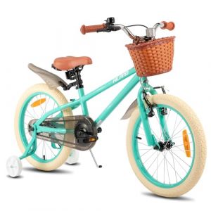 HILAND Vélo Enfant 14/16/18 Pouces pour Fille garçon 3 4 5 6 7 8 9 10 Ans avec Roues stabilisatrices, Frein à Main et Frein à rétropédalage Panier Vert/Rose (Winhere-EU, neuf)