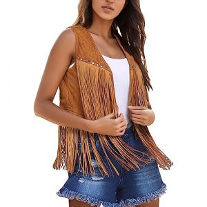 2024 Gilet à Frange Hippie Femme été Haut Veste Manteau Frangé sans Manches Vintage Daim Chic et Elégant Casual Grande Taille Mode Ethnique Cardigan Leger Court Western Cowboy Extérieur Streetwear (goodups, neuf)