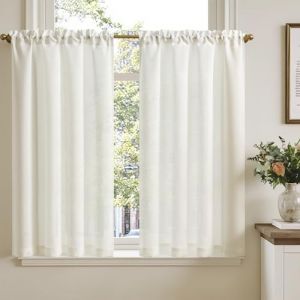 TOPICK Rideau Cuisine Petit Rideaux Court Brise Bise, Blanc 90L x 115H(cm) 2 Panneaux &agrave; Passe Tringle, pour Fen&ecirc;tre Placard Meuble Bas Chambre Cache sous Evier，en Effet L&eacute;gers Style Moderne (Audrey Home Fashion, neuf)