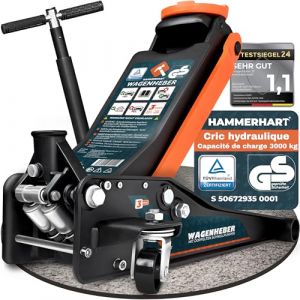 Cric hydraulique 3T | Cric certifi&eacute; T&Uuml;V & GS | Cric Voiture Compact avec Une Hauteur de Levage de 75 &agrave; 500 mm [Vainqueur du Test] Cric avec rev&ecirc;tement en Caoutchouc, &agrave; Double Piston et T poign&eacute;e (Hammerhart, neuf)
