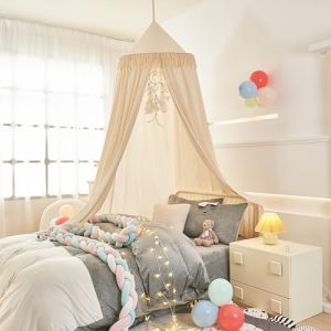 ZIQINPSQ Ciel de lit avec pompons, ciel de lit pour filles, enfants, princesse d&ocirc;me rond, moustiquaire r&ecirc;veuse, d&eacute;coration de coin de lecture (ivoire) (ZIQINPSQ, neuf)