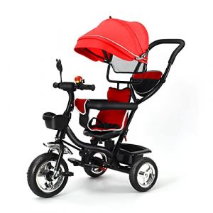 Tricycle Enfant Évolutif avec Siège Réversible, Tricycle Bébé Évolutif 4 en 1, avec Poignée de Poussée Réglable, Canne, Cloche et Rétroviseurs, Harnais de Sécurité 9 Mois à 5 Ans (rouge) (Hechheu, neuf)