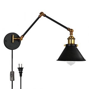 FREEDL LED Applique Murale Extensible Industrielle, E27 Murale Éclairage Long Bras Retro avec Interrupteur et Prise, Réglable Lampe Murale Fer Forgé Noir Vintage avec Metal Lampshade, 4w,15+15 (Jinlilai Trading, neuf)