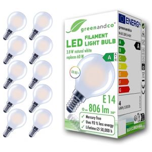 greenandco 10x Ampoule &agrave; filament LED | d&eacute;polie | E14 G45 | 3,8W 806lm | remplace 60W | 4000K blanc neutre | 320&deg; | 230V | sans scintillement | Classe &eacute;nerg&eacute;tique A | non-dimmable (greenandco-fr, neuf)