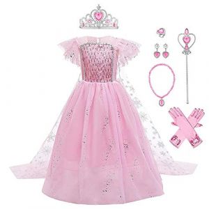 IWEMEK Filles Déguisements Princesse Elsa Robe Longue avec Cape + Accessoires Reine des Neige 2 Costume de Carnaval Halloween Noël Robes de fête d'anniversaire Enfants Rose Set 5-6 Ans (IWEMEK, neuf)