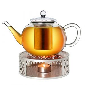 Creano Théière en Verre 1,6l + Un réchaud en INOX - Théière avec Tamis en INOX intégré et Couvercle en Verre - idéale pour préparer des thés en Vrac - Anti-Goutte (Creano, neuf)