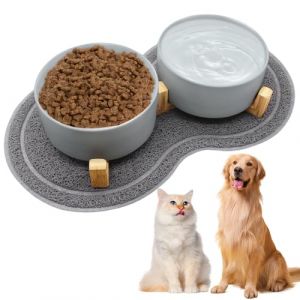 Gamelle pour Chien Sur&eacute;lev&eacute;e en Ceramique 850ml Double Bol avec Support en Bambou et Tapis Antid&eacute;rapant, Set de Mangeoire C&eacute;ramique pour Chien et Chat Gamelles Sur&eacute;lev&eacute;es pour Chats et Chiens (Tuyethjkd, neuf)