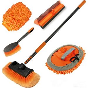 LAANPOLE Brosse Nettoyage Voiture avec Perche Telescopique 3,6m, Brosse Lavage Voiture avec Brosse Douce, Serpilli&egrave;re en Microfibre, Raclette Vitre, Gant, Brosse Jantes pour Camping-Car, Camion (Hengke Co., Ltd., neuf)