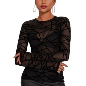 IECCP Haut en maille pour femme - Haut sexy en maille transparente - Haut noir - Haut &agrave; manches longues - D&eacute;contract&eacute; - Chemisier en tulle - T-shirt en maille - Tunique - Clubwear - F&ecirc;te - Soir&eacute;e (EUIECCP, neuf)