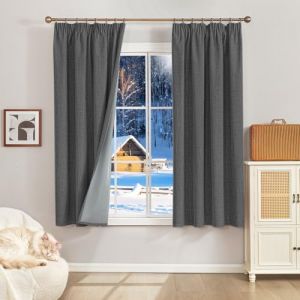 Runy&eacute;la 100% Rideau Occultant Thermiques Isolant Anti Froid, 2x120x140(LxH) Rideaux Lin Opaque avec Galon Fronceur pour Rail de Salon Chambre Masion Anti Chaleur Bruit Gris (Runi-EU, neuf)