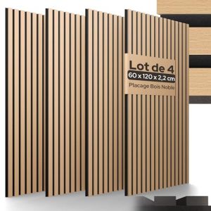 Arebos Lot de 4 Panneaux Acoustiques 120&times;60 cm | Panneaux Muraux &agrave; Lattes Aspect Bois pour Mur & Plafond | Haute Absorption Acoustique | Installation Facile & D&eacute;coupable (AREBOS, neuf)