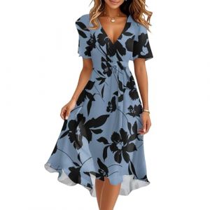 Robe Femme Boheme Robe Et Femme Chic et Elegant Mi Longue Ensemble Vetement Femmes Cache Coeur Chambre Manche Courte Vintage Dress de Bal Plage Soiree D'&eacute;t&eacute; Grande Taille(B Dark Blue,XX-Large) (QU-XINYU, neuf)