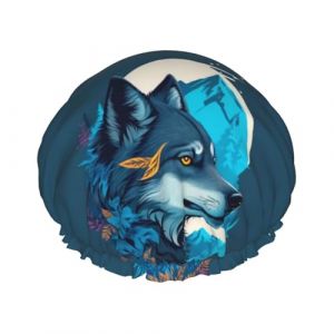 Bonnet de douche double couche motif feuille de loup bleu Iceberg, réutilisable, résistant à l'eau, grand bonnet de douche pour femme, bonnet de douche avec doublure en PEVA et corde élastique (Tall5YAng, neuf)