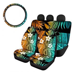 SEANATIVE Accessoires universels d'intérieur de voiture, housses de siège baquet avant + housse de banquette arrière + housse de volant, motif tribus polynésiennes colorées et plumeria (ELE QIN, neuf)
