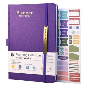 Agenda 2026-2027 - 18 mois de janvier 2026 à juin 2027 - Semainier et mensuel avec couverture en cuir, boucle pour stylo et poche intérieure - Violet (yunlian EU, neuf)