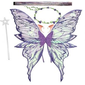 Jiahuade Ailes de F&eacute;e,Ailes de Papillon,Ailes de F&eacute;e Adulte, Oreilles d'Elfe,Bandeau de F&eacute;e Et Baguettes de F&eacute;e &Eacute;toile, Cosplay, F&ecirc;te d'anniversaire,Costume d'Aile pour Carnaval ou Soir&eacute;es (Violet) (Jiahuade, neuf)