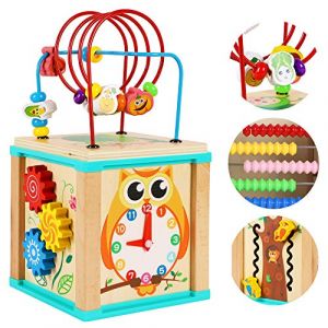 TOWO Labyrinthe de Perles Cube d'activité en Bois-5 activités montagnes russes boulier roues dentées engrenages horloge zig zag toboggan-jouets éducatifs précoces pour bébé 1 an Montessori (Toys of Wood Oxford, neuf)