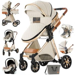 MoLi Poussette 3 en 1, Pousette Bebe avec Mode Double Poussée Réversible, Poussette Citadine Nacelle Grande, Pousette Combinée Cadre en Alliage d'aluminium Pliable Haut Paysage (225 Creamy White) (Reborn003, neuf)