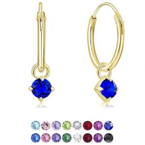 DTPsilver&reg; Boucles d'oreilles PETITES Cr&eacute;oles en Argent Fin 925 Plaqu&eacute; Or Jaune avec petit Pendentif 3 mm Cristaux de Swarovski&reg; Elements Ronds - Diam&egrave;tre: 14 mm - Couleur: Bleu Majestic (DTPSilver, neuf)