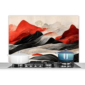 KitchenYeah© Fond de Hotte 100x65 cm Aluminium Crédence Cuisine Décoration Murale Crédence Plaque de Cuisson Anti Projection Art - Montagne - Rouge - Blanc - Noir (KitchenYeah, neuf)
