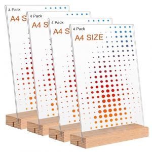 Whemyreat Lot de 4 présentoirs de table avec pied en bois - Format A4 - En acrylique transparent - En forme de L - Présentoir publicitaire double face - Pour mariage, bureau, café, restaurant, magasin (prunejuices, neuf)