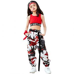 LOLANTA Ensemble de 2 pi&egrave;ces pour Filles Hip Hop Street Dance Solo, D&eacute;bardeur Court + Pantalon de Jogging Camouflage, Rouge, 170 (LOLANTA, neuf)