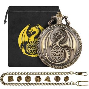 Mini DND Lot de D&eacute;s avec Bo&icirc;tier de Montre de Poche Dragon Steampunk, 7 D&eacute;s en M&eacute;tal Poly&eacute;drique D&D, Cadeaux DND avec Logo Dragon Sac Cadeau, Accessoires de Jeux de Soci&eacute;t&eacute; et Jeu de R&ocirc;le, Bronze (GZJILIKJ, neuf)