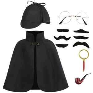 maxToonrain Costume de d&eacute;tective d'Halloween amusant pour enfants, cape/capes, chapeau de Deerstalker + loupe + fausse barbe, d&eacute;guisement pour gar&ccedil;ons et filles (noir, 6 pi&egrave;ces, 40 cm) (maxzoneuk, neuf)