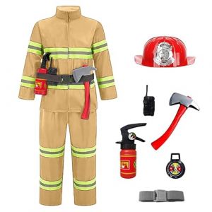 Deguisement Pompier Enfant,Garçon Fille Set De Costume De Deguisement Pompier avec 8 Accessoires Casque Ensemble De Costume Vêtements De Pompiers pour Enfants Halloween (Yellow-3, 8-9 Years) (hejing1, neuf)