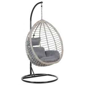 Fauteuil Oeuf Suspendu Design en Rotin Gris avec Support en Acier Noir et Coussin Id&eacute;al pour Salon ou Terrasse au Style Boho et Moderne Beliani (Beliani France, neuf)