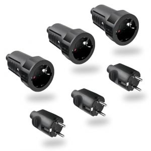 RYAN 3 Paires Fiche Male Femelle Etanche Exterieur Prise Schuko 250V 6A IP44 Raccord Schuko Prise à 2 Broches Pieds Ronds Fiche Prise Electrique Sans Câble (Noir) (FRLENGG, neuf)