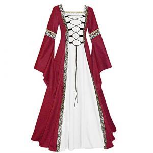 GMGM 2023 Femmes Robe Medievale Victorienne Reine Costume Col Carr&eacute;e Manches Flares Robe Vintage Adulte Flare Manches Deguisement Robe M&eacute;di&eacute;vale Femmes Manches Longues Robe Femme Hiver Chic Jupe (GMGMY, neuf)