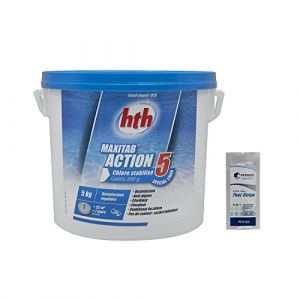 HTH MAXITAB ACTION 5 Galet 200g Spécial Liner - 5kg | Chlore Lent Stabilisé Multiaction - Désinfection Régulière Multifonction - Dissolution Lente - Sans sulfate de cuivre + 10 Tests HPS OFFERT 6 en 1 (HEXAGON PISCINE ET SPA, neuf)