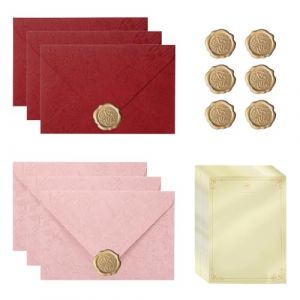 32 Pi&egrave;ces Vintage Enveloppe, 6 enveloppes en lin et sceau de cire, 20 feuilles de papier &agrave; lettre A5 vintage, Ensemble de Papeterie Vieilli pour Boda Bricolaje Cumplea&ntilde;os Cartes de No&euml;l, Rose, Rouge (DINODANUBE TRADING, neuf)