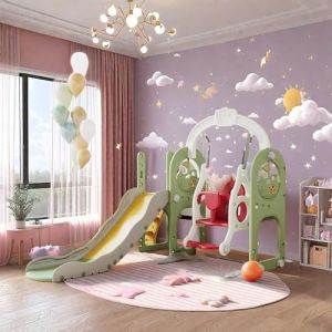Toboggan et Balançoire 6 en 1 pour Enfants 3-8 Ans avec Panier de Basketball, escalier Facile à Monter, télescope, Toboggan, Espace de Rangement, pour Intérieure/Extérieur, Vert (DVS SHOP ONLINE, neuf)