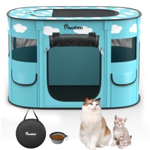Pawaboo Parc Enclos Pliable Chien Chat, Enclos Intérieur Extérieur Portable, Cage Clôture Tente d'exercice en Tissu Oxford pour Petits Animaux, avec Bol à Nourriture, M, Bleu + Nuages Blancs (Joiel EU, neuf)