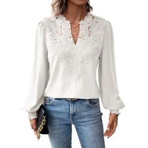 TUUHAW Tunique Femme Grande Taille Chemise Femme Chic et &Eacute;l&eacute;gant Manches Longues Boh&egrave;me Top Col en V D&eacute;contract&eacute; T-Shirts Automne Fluide &agrave; Point Suisse Dentelle Festonn&eacute;e Haut Blanc XXL (TROFANO, neuf)