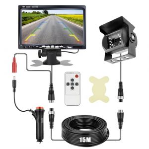 Kit Caméra de Recul et Moniteur LCD 7 Pouces écran, Vision Nocturne IR Caméra de Recul Filaire étanche avec 18LED, 12V-24V Caméra Filaire avec 15M Câble, pour Camping Car, Camions, Remorques, Bus (xbdLTD, neuf)