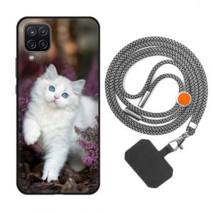 vingarshern Coque Compatible avec Samsung Galaxy A12 4G/5G Antichoc Silicone Bumper Case Étui de Protection Housse Coque avec Motif,Souple Coque avec Cordon Detachable,Chat Blanc (YOUKARSHERN, neuf)