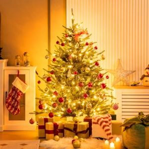 COSTWAY Sapin de No&euml;l Artificiel de 136 cm, Arbre de No&euml;l &agrave; Charni&egrave;re, 386 Pointes de Branches en PE et PVC, 180 Lumi&egrave;res LED Blanc Chaud, 8 Modes d'&Eacute;clairage, Arbre Pr&eacute;-&eacute;clair&eacute;, Vert (FDS GmbH, neuf)