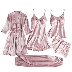 G&eacute;n&eacute;rique 5 Pi&egrave;ces Femme Sexy Chic Ensemble De V&ecirc;tements De Nuit en Satin Nuisette Dentelle Cami Chemise De Pyjama, Feminin Sensuelle Peignoir de Soie Chemisette De Nuit Ensemble De Lingerie (qieycgd, neuf)