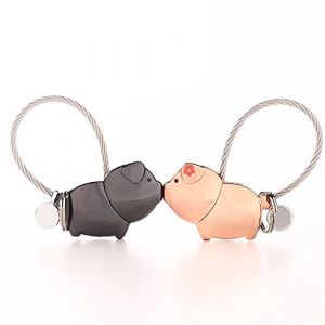 DOJoykey Porte-clés Lovers 1 paire de pendentifs en forme de cochon avec bouche magnétique, joli cadeau pour la Saint-Valentin, Noël, mariage, alliage de zinc (noir brillant + or rose) (Cojoy, neuf)