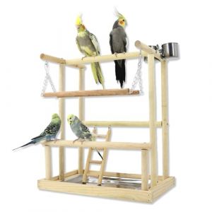 WishesMar Aire de Jeux pour Oiseaux Terrain de Jeu pour Perroquet avec Support Perchoirs Balan&ccedil;oire &Eacute;chelle et Plateau pour Calopsitte Cockatiel, Bois, Taille 40x26x45.5 cm (Nicemeet999, neuf)