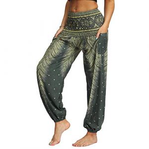 Nuofengkudu Femme Hippie Sarouel Harem Thai Pantalon Poches Boho Fleuri Print Taille Haute Baggy Casual Plage Leger Yoga Pants (Vert C,Taille Unique) (better Life, neuf)