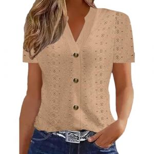 Chemisiers Et Blouses Femme Tunique Chemisier Femme Manche Courte Chic Et ÉLéGant Chemises Couleur Unie ÉTé Ample Haut Top à Revers LâChe Respirant Blouse Grande Taille Col V Button T Shirts (⭐⭐⭐⭐⭐5.0 Yaair-OEF, neuf)