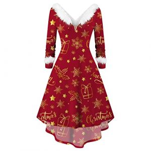 G&eacute;n&eacute;rique Robe Noel Femme Hiver Vintage Ann&eacute;es 50 Pin Up Femme Chic Elegante Robe de No&euml;l avec Coutures en Fourrure Col en V No&euml;l Femmes &eacute;paule Imprimer Vintage Robe De Soir&eacute;e Robe &eacute;vas&eacute;e (Qingyak, neuf)