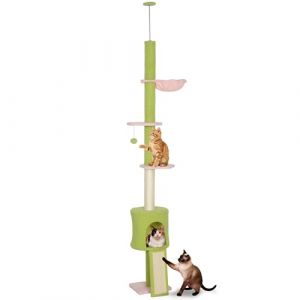 PawHut Arbre &agrave; Chat du Sol au Plafond, 5 Niveaux, Hauteur Ajustable 220-240 cm, Plateformes Fleur, Niche, hamac, Rampe et Balle Suspendue, Centre d'activit&eacute;s pour Chatons d'int&eacute;rieur, Vert (Aosom FR, neuf)
