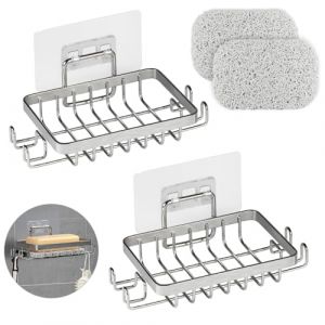 YoHyien 2 Pi&egrave;ces 304 INOX Porte Savon Douche sans Per&ccedil;age, Auto-Adh&eacute;sif Porte Savon Mural avec Crochets et &Eacute;conomiseur de Savon, Support Savon Mural pour Salle de Bain et Cuisine (Argent&eacute;) (YoHyien, neuf)